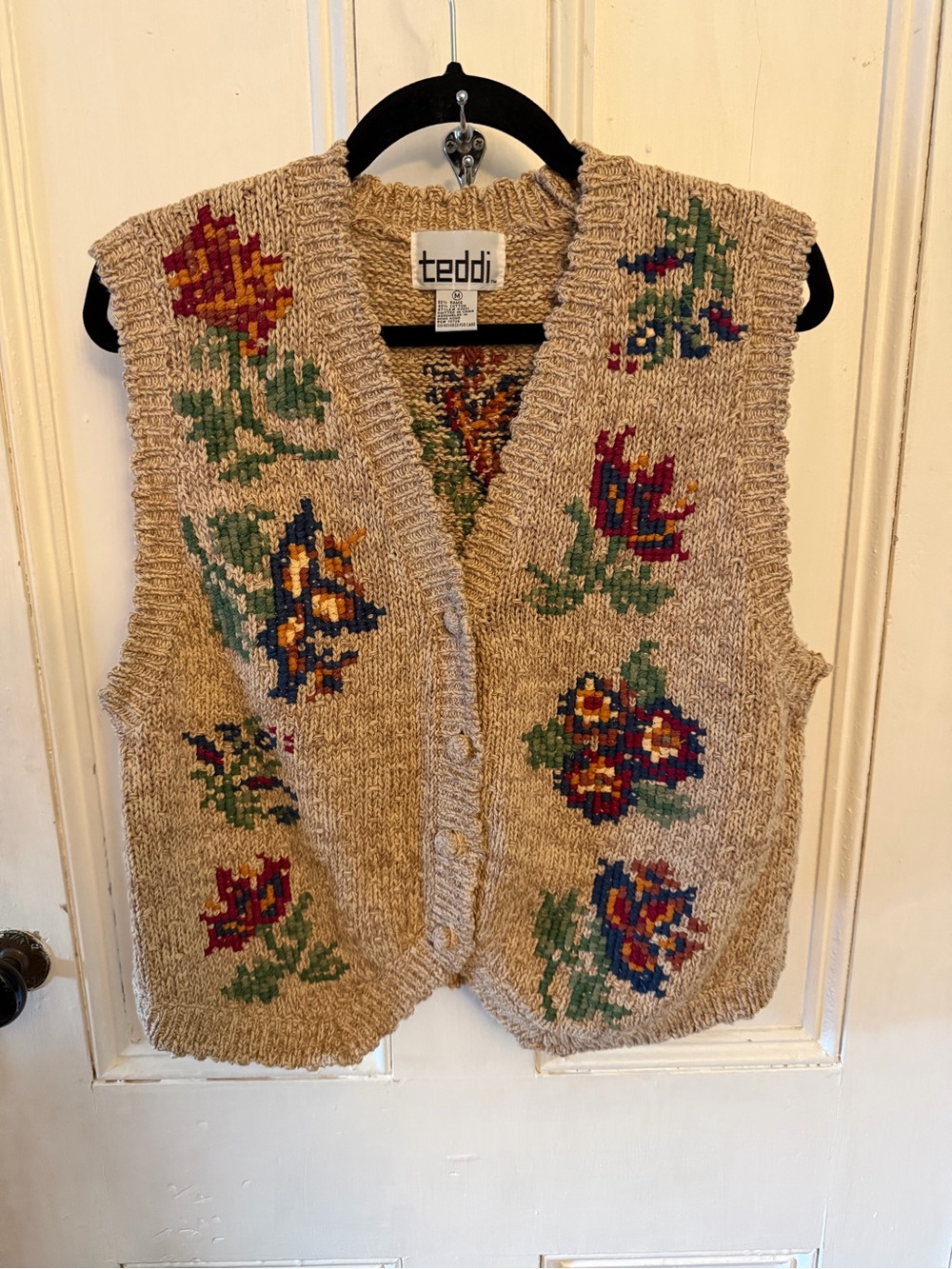 Teddi Floral Knit Sweater Vest Medium Boho Cottagecore Grannycore Embroidered